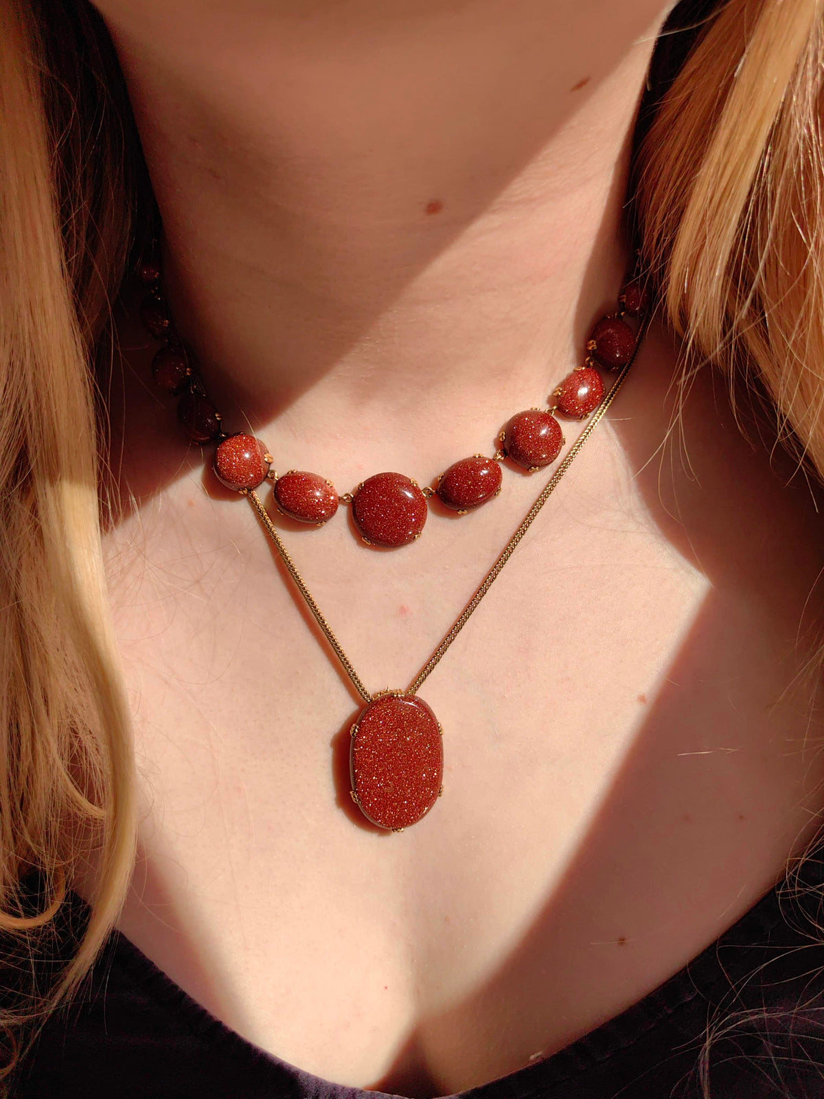 Victorian Goldstone Brooch Pendant: Antique 19K Yellow Gold Statement Jewelry