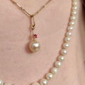 18k Solid yellow Gold  Natural Ruby Pearl Pendant 1950s Charm for Necklace or Bracelet Gift for Her
