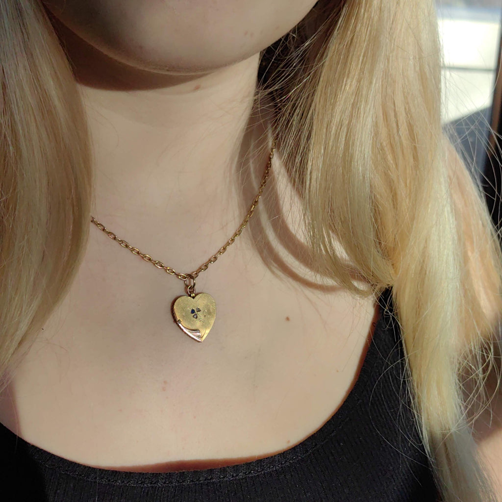 Victorian 14k Gold Heart Pendant: Diamond Sapphire Floral Necklace, 1880s Antique Charm