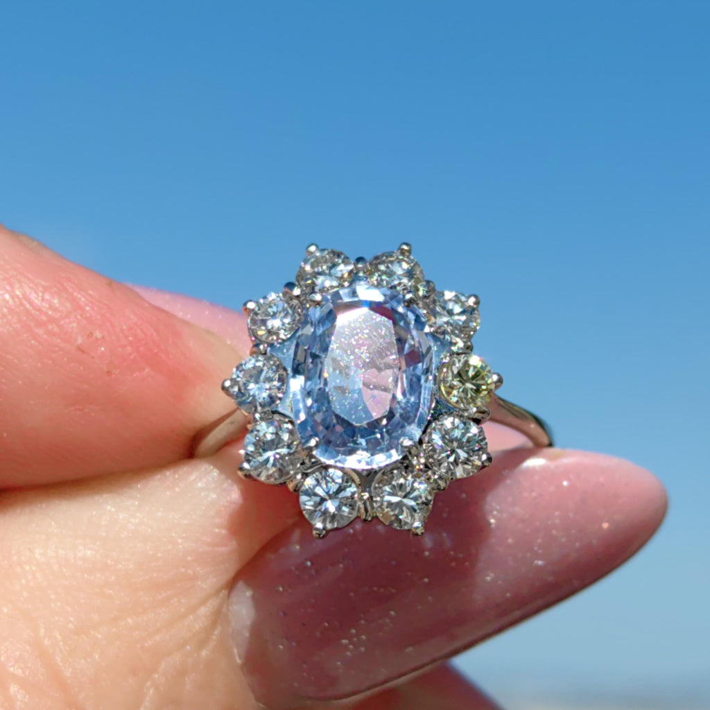 Mid Century Icy Cornflower Blue Sapphire Diamond Ring: 18k White Gold Diana Ring