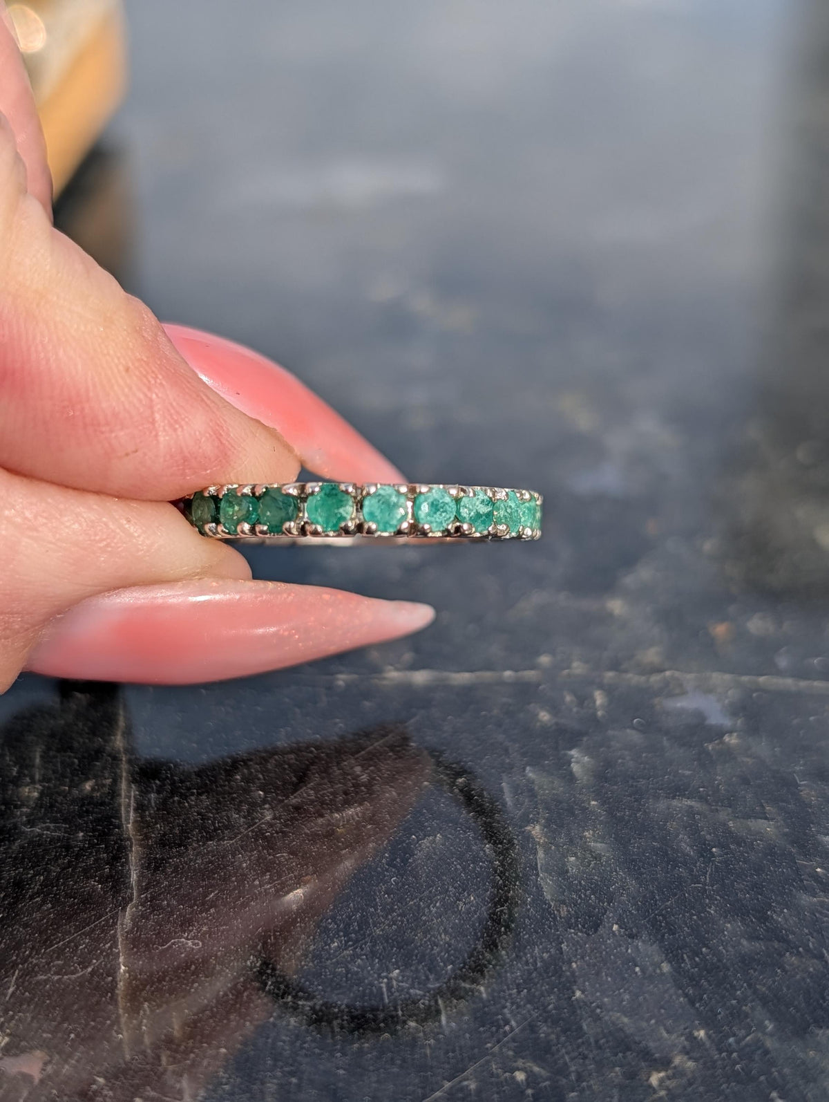 Vintage Natural Emerald Eternity Setting18k Solid White Gold Ring  Stackable Green Engagement  Band Gift for Her Present