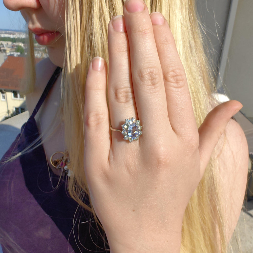 Mid Century Icy Cornflower Blue Sapphire Diamond Ring: 18k White Gold Diana Ring