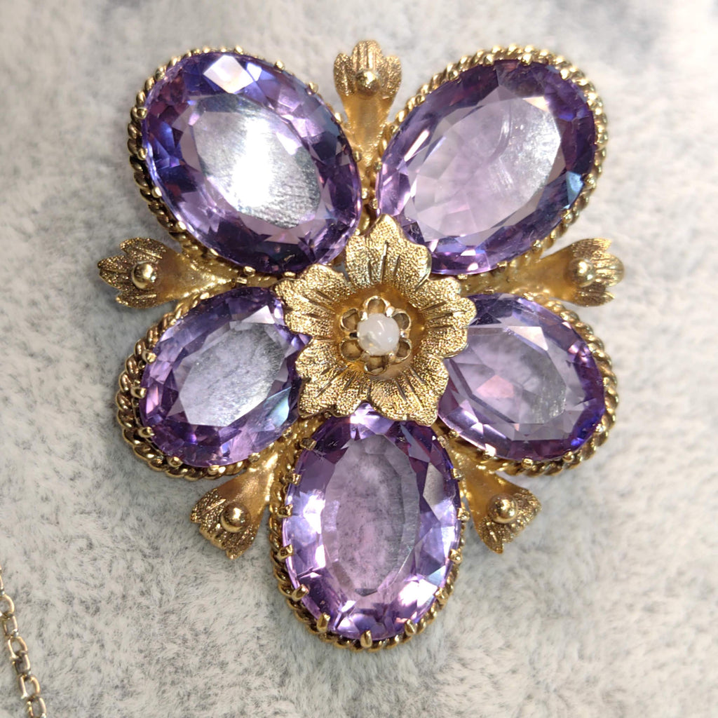 Victorian Amethyst Pearl Floral Pendant Brooch, Gold Plated Silver (1880s)
