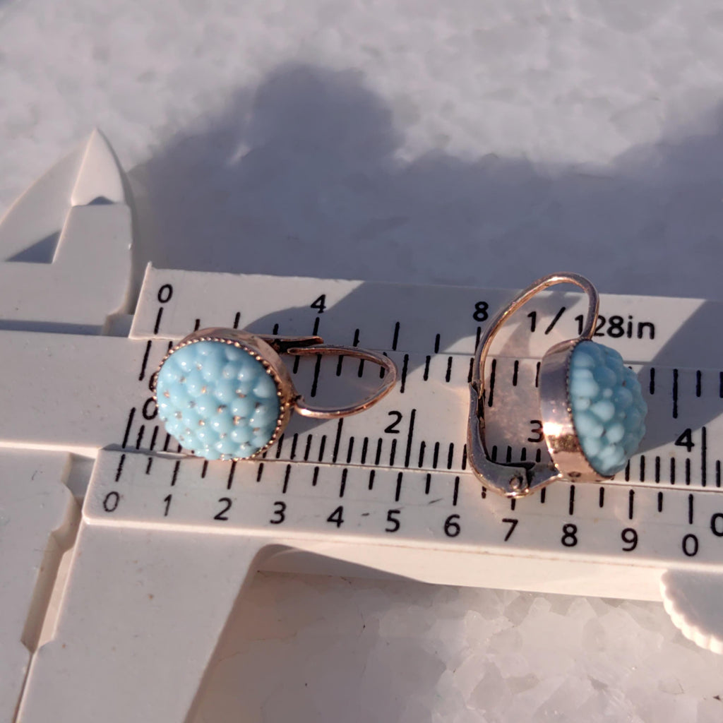 Antique 14k Yellow Rose Champagne Gold Turquoise Porcelain Dormouse Earrings Art Nouveau Floral Design Dangle Earrings