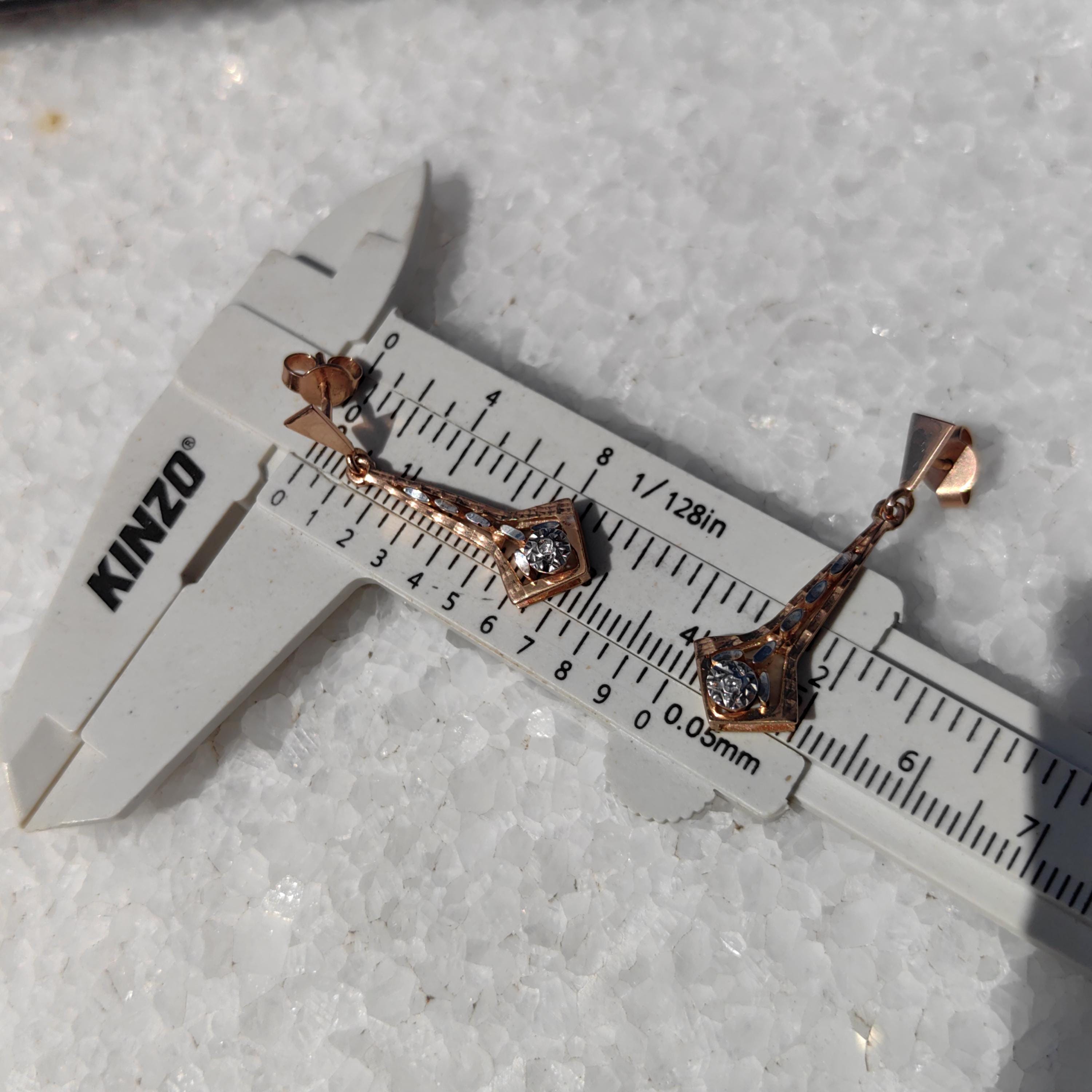 Vintage Diamond Dangle Earrings: Champagne Rose Gold, Hallmarked