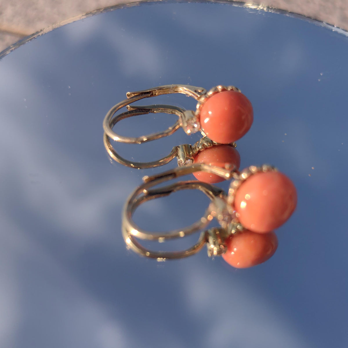 Vintage 14k Gold Coral & Diamond Earrings: Mid Century Mediterranean Design