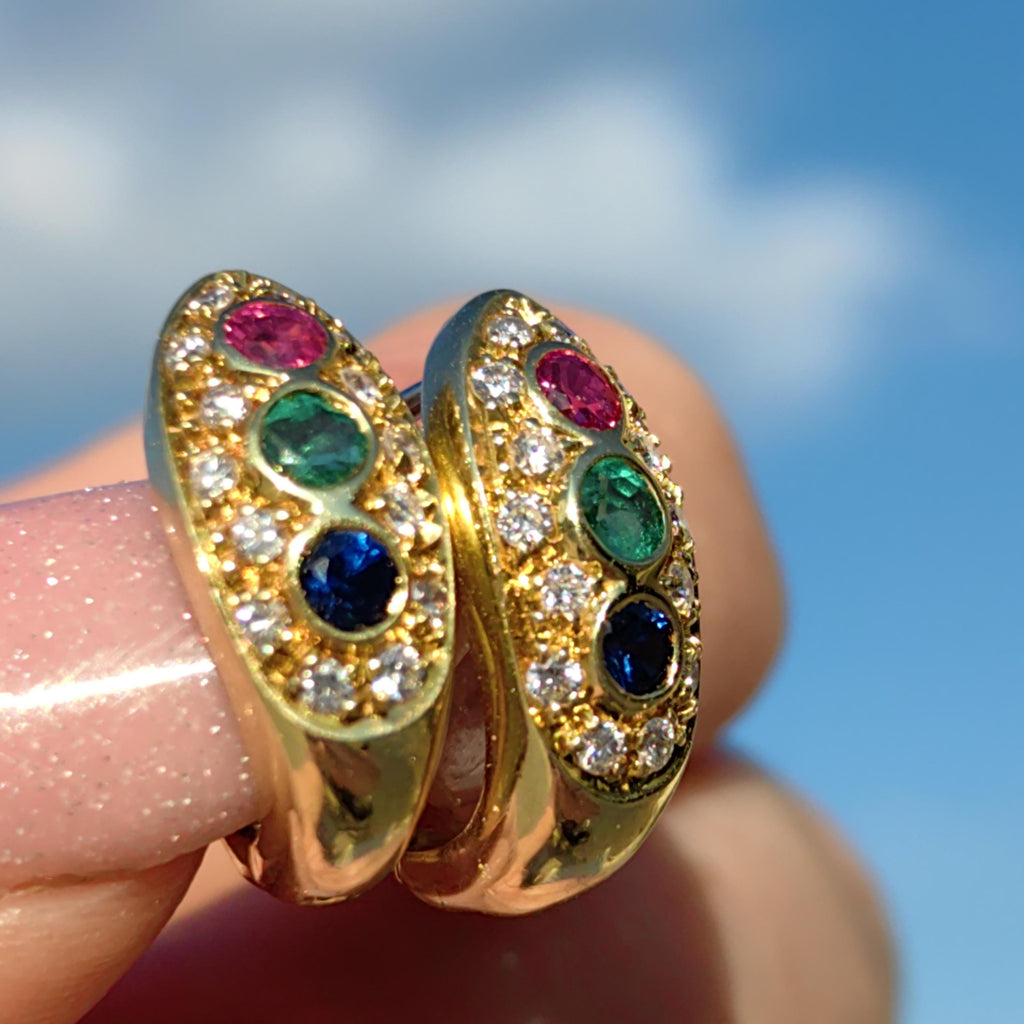 18k Gold Tutti Frutti Gemstone Hoop Earrings: Diamond, Ruby, Sapphire, Emerald