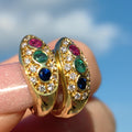 18k Gold Tutti Frutti Gemstone Hoop Earrings: Diamond, Ruby, Sapphire, Emerald