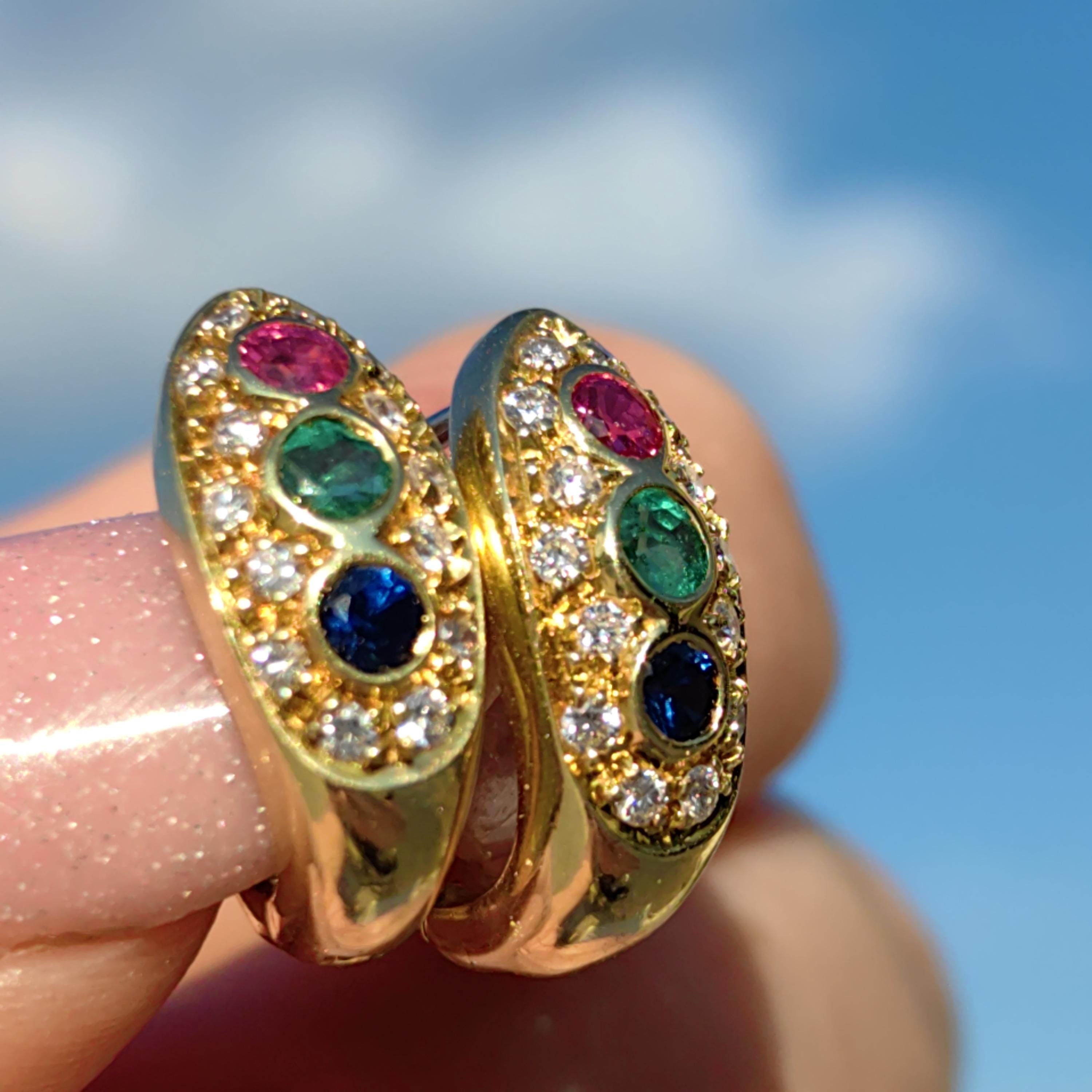 18k Gold Tutti Frutti Gemstone Hoop Earrings: Diamond, Ruby, Sapphire, Emerald