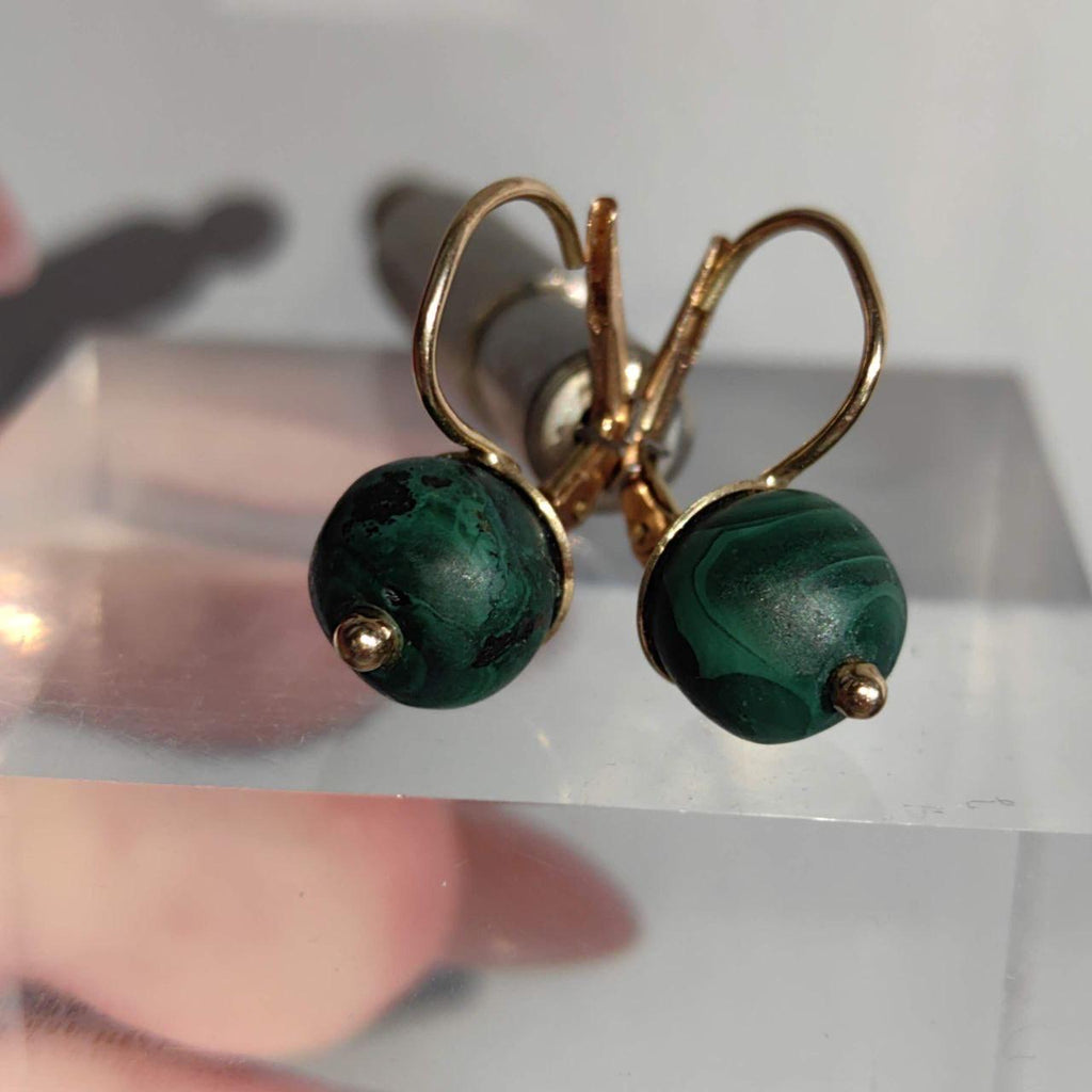 Antique 14k Gold Malachite Earrings: Art Nouveau Sleepers