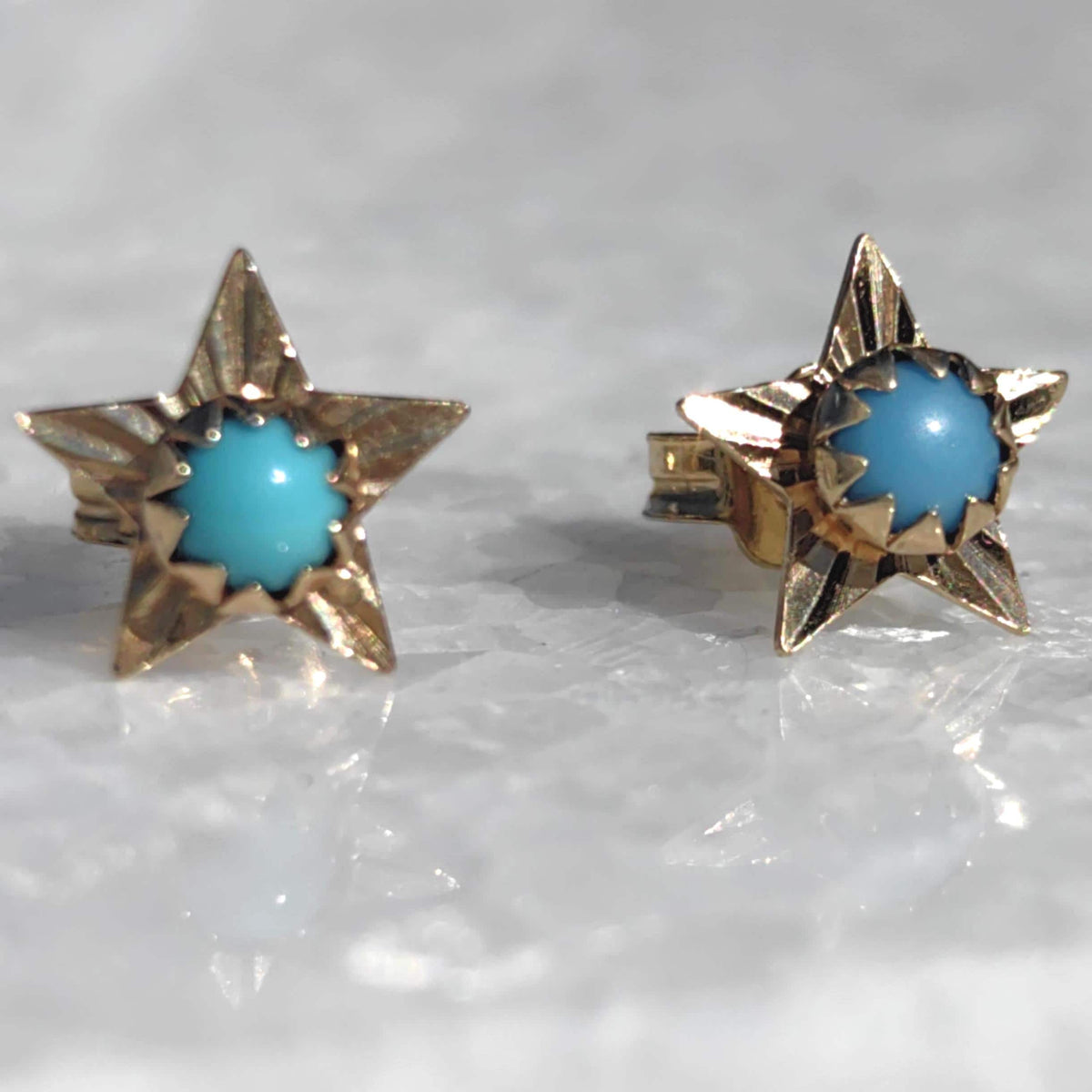 Vintage 14k Gold Turquoise Star Earrings: Mid Century Dainty Dormeuses
