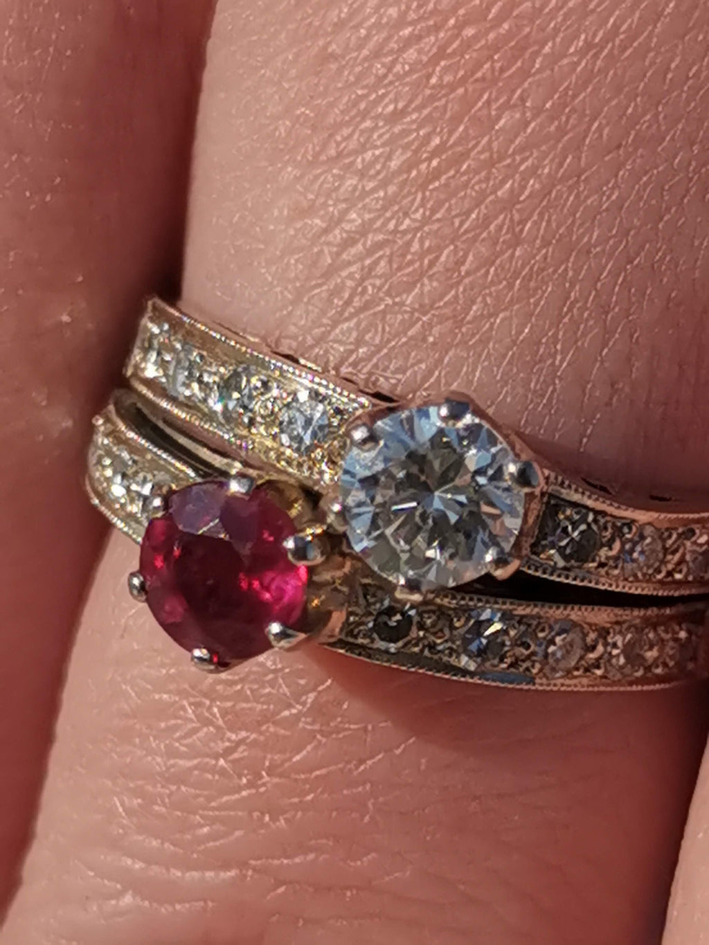 Art Deco Toi et Moi Ring: Ruby and Diamond 14k White Gold, 1930s