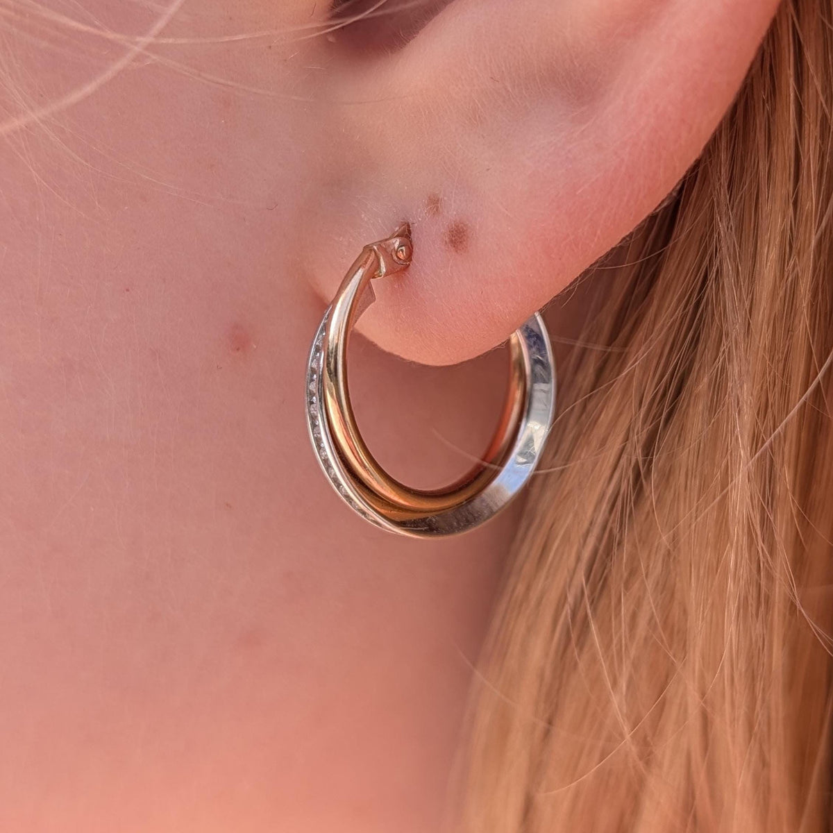 Vintage 14k Two Tone Gold Diamond Hoop Earrings, Hallmarked 585 Yellow White Gold Elegant Gift for Her Before 2007
