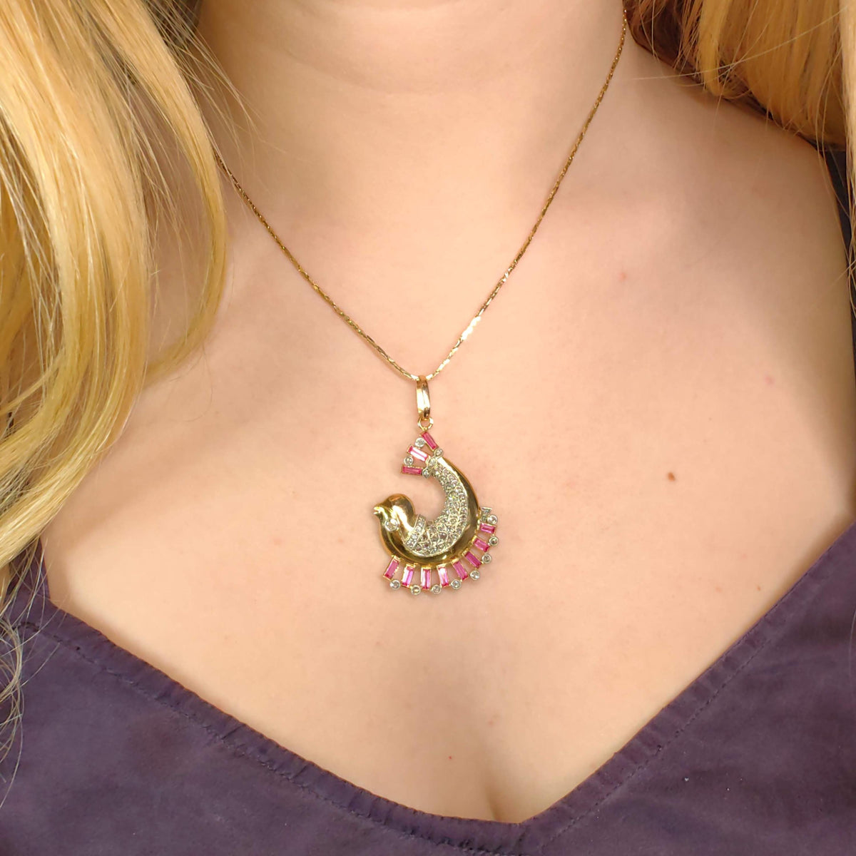 Art Deco 18K Gold Dolphin Pendant: Diamond & Ruby Accent