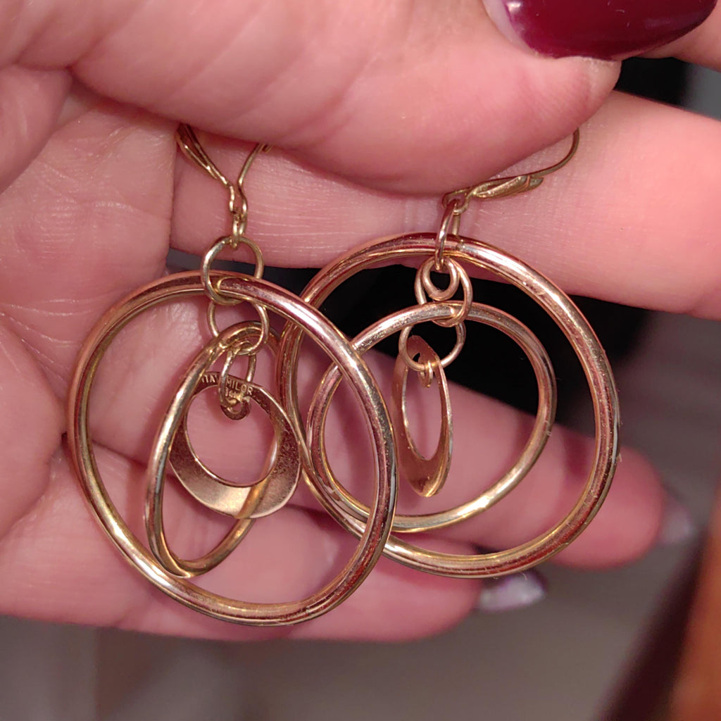 14k Yellow Gold Italy Round Dangle Drop Large Circle Hoop Gipsy Earrings Handmade Gift for Her Present