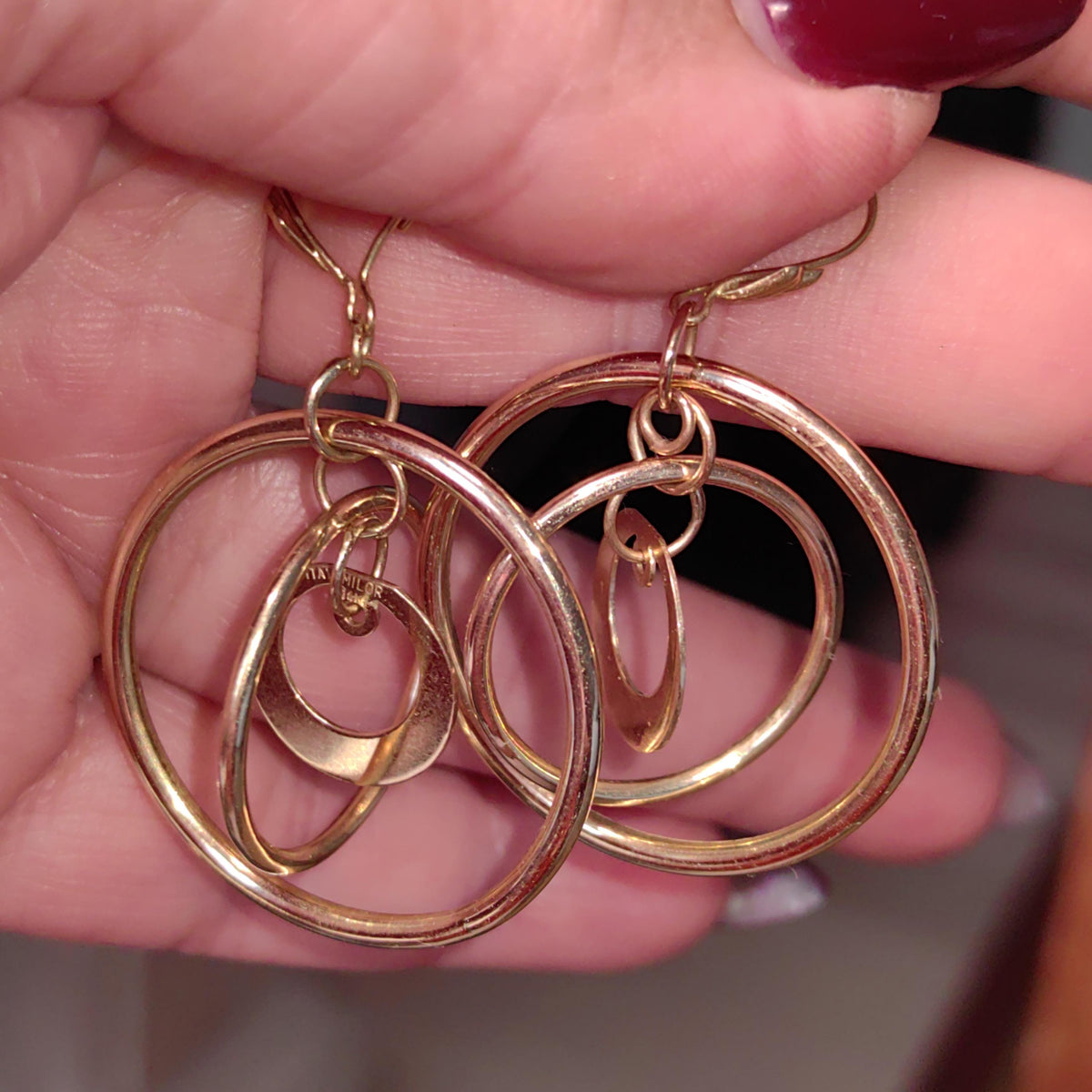 14k Yellow Gold Italy Round Dangle Drop Large Circle Hoop Gipsy Earrings Handmade Gift for Her Present