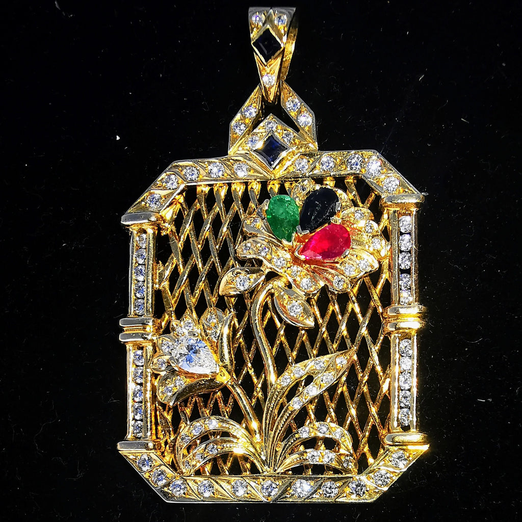 Art Deco 18k Gold Diamond Tutti Frutti Pendant: Emerald, Ruby, Sapphire
