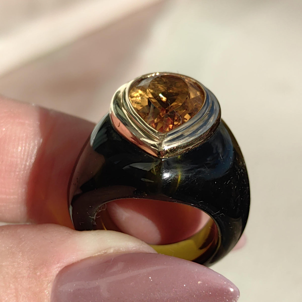Golden Pear Citrine Ring 18k Yellow Gold Resin Band Statement Cocktail Ring