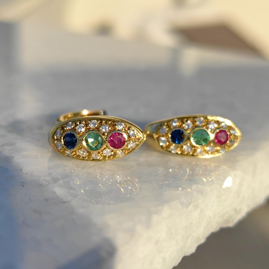 18k Gold Tutti Frutti Gemstone Hoop Earrings: Diamond, Ruby, Sapphire, Emerald