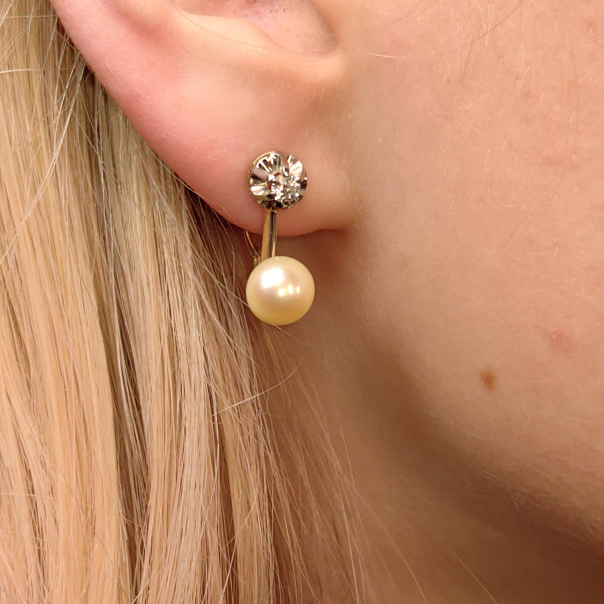 Natural Pearl and Diamond Solid 18k Solid Yellow Gold, Handmade Antique 1940s Elegant Earrings Gift for Her Present