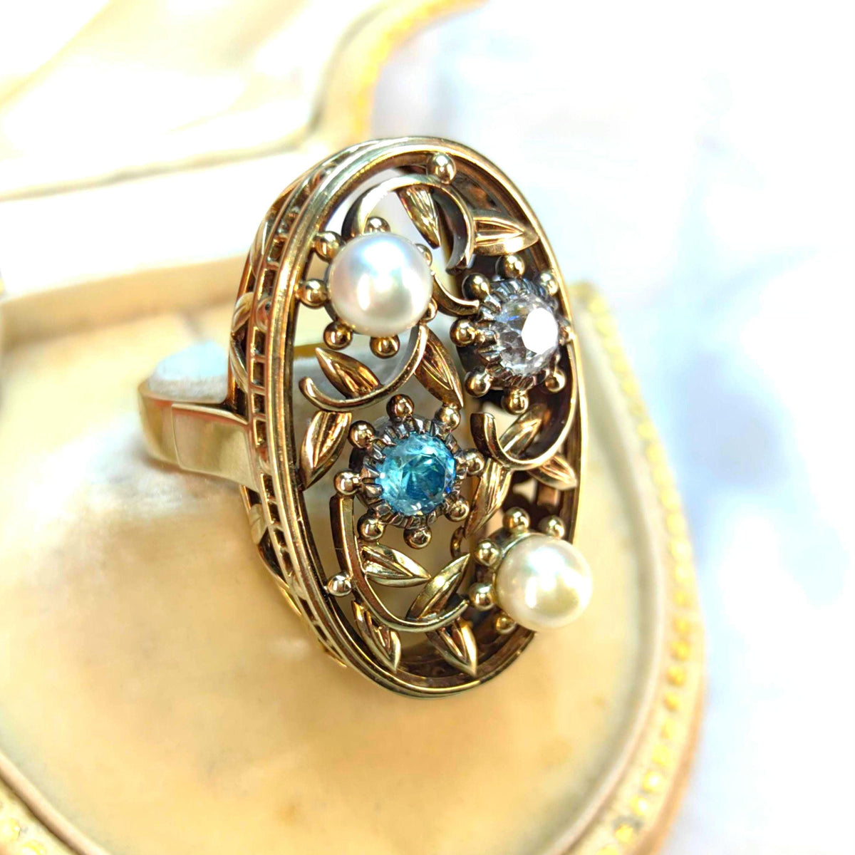 Antique 14k Solid Yellow Rose Gold Art Nouveau 1900s Elegant Ring Diamond, Pearl & Blue Zirconia Floral Handmade Statement Ring