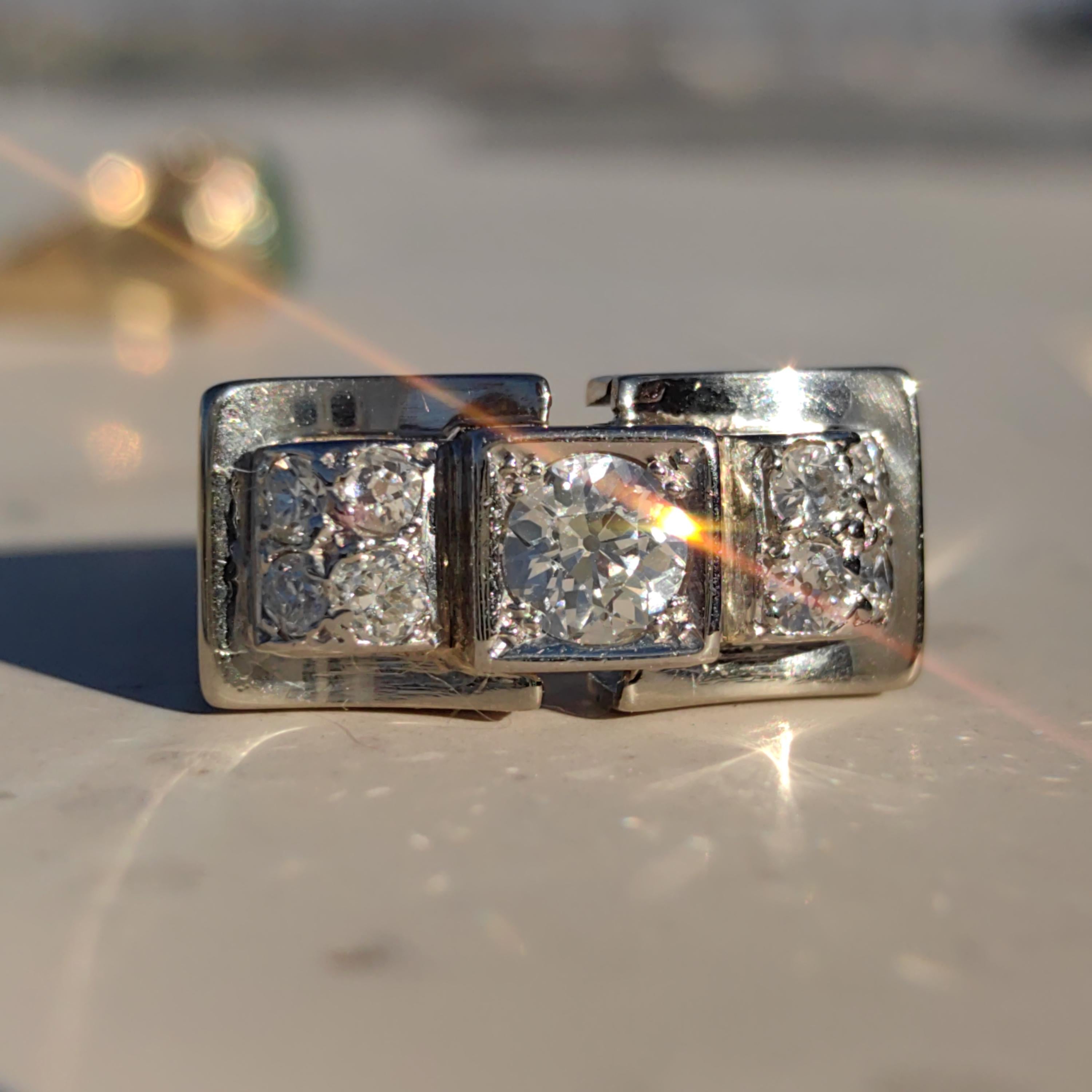 Art Deco 18k White Gold Diamond Ring, Antique Chevalier Style
