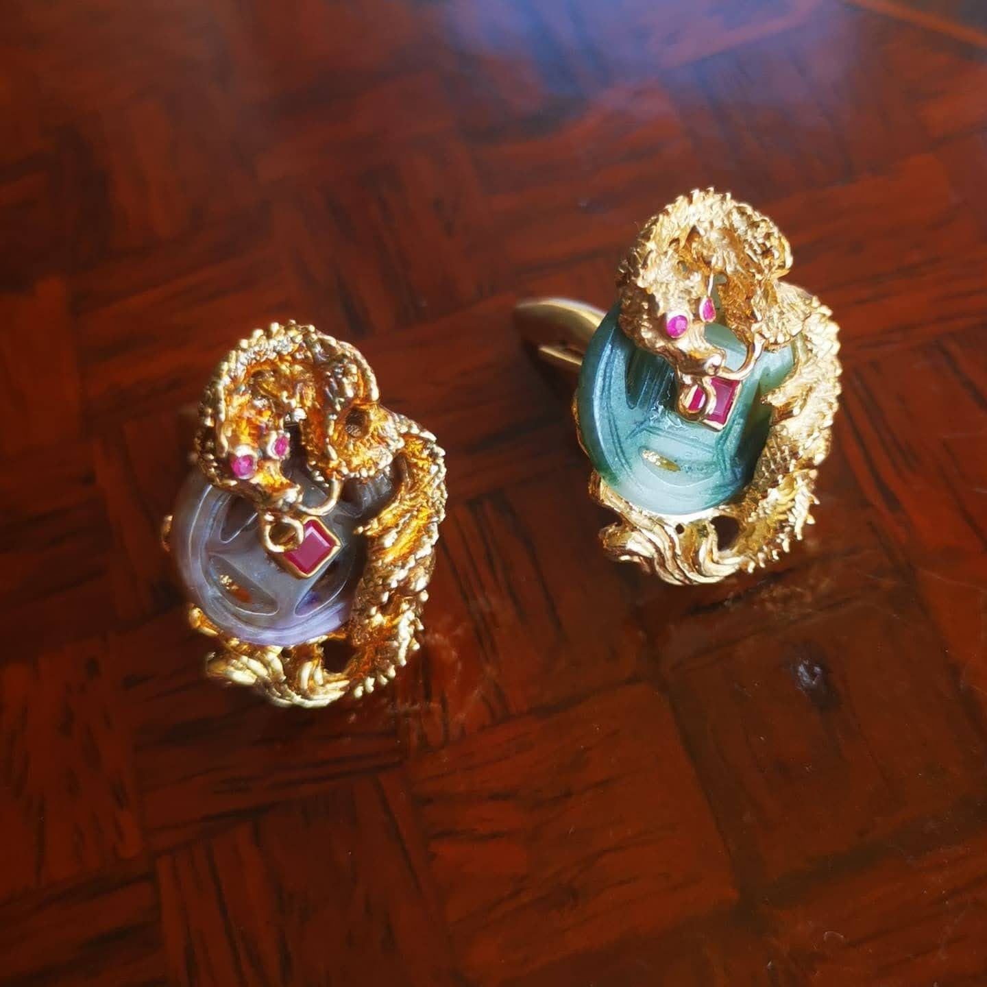 Purple and Green Jade Silver Gold Plated Dragon Chinese style Cufflinks
