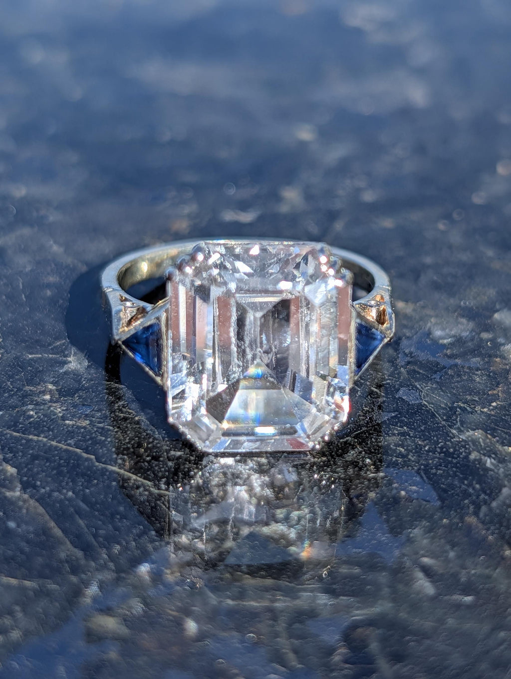 RESERVED!! French Art Deco Goshenite Sapphire Ring, 18k Gold Emerald Cut Beryl Cocktail Ring