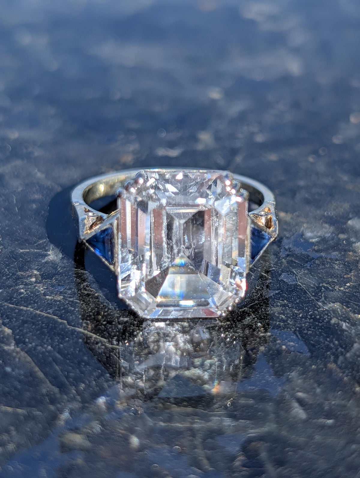 RESERVED!! French Art Deco Goshenite Sapphire Ring, 18k Gold Emerald Cut Beryl Cocktail Ring