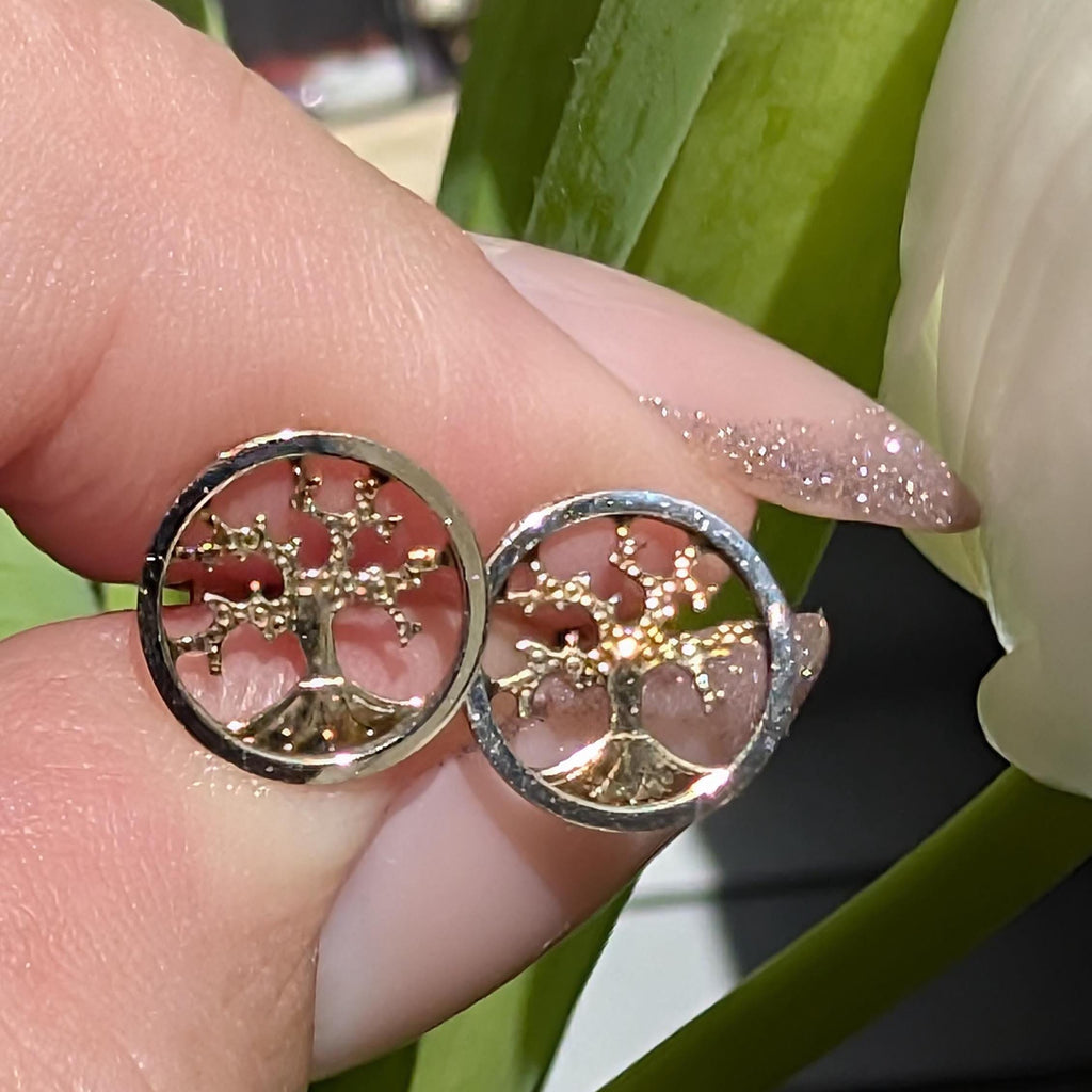 14k 585 Hallmarked Solid Yellow and White Gold Tree of Life Stud Earrings Nature Forest Minimalist Symbolic Push Back Elegant Gift for Her