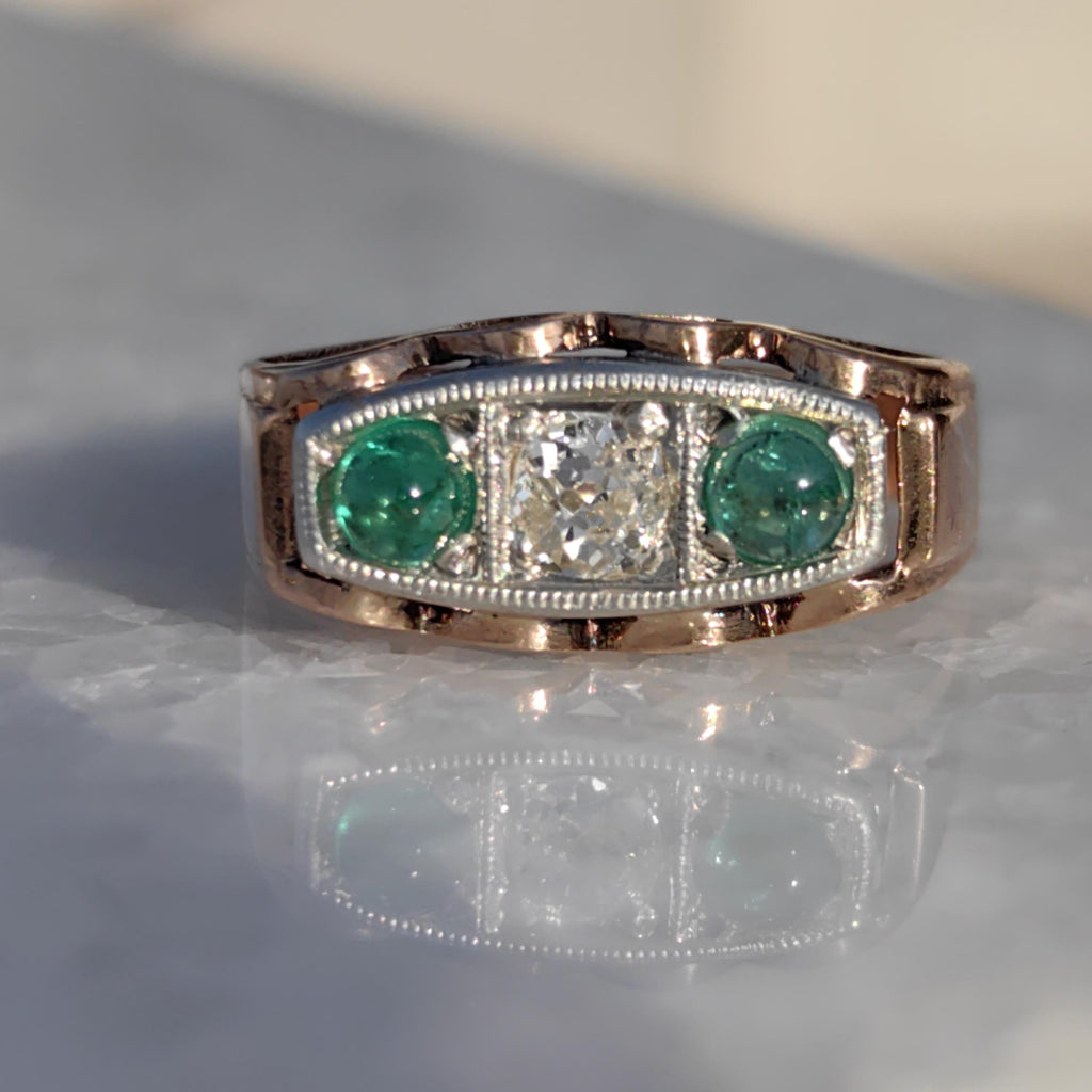 Antique 14k Gold Emerald & Diamond Ring: 1920s Art Deco Statement
