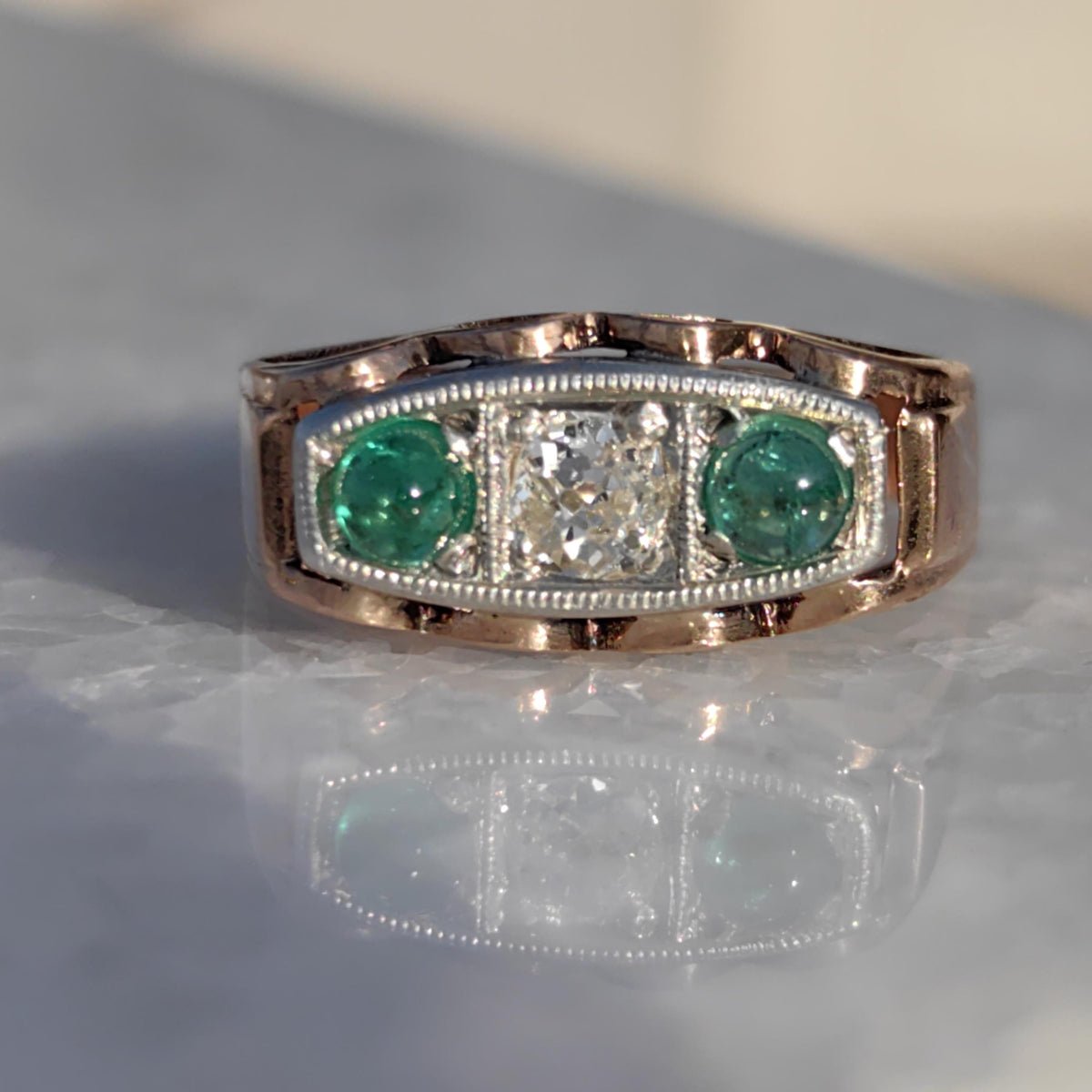 Antique 14k Gold Emerald & Diamond Ring: 1920s Art Deco Statement