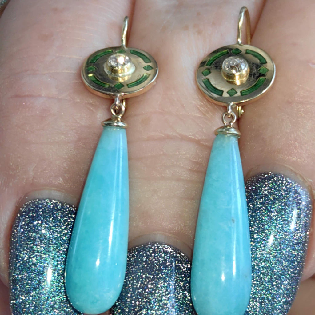 Antique 1900s Art Nouveau Amazonite  and Diamond Solid 14K Yellow Gold Green Enamel Dangle Drop Statement Earrings Elegant Gift for Her