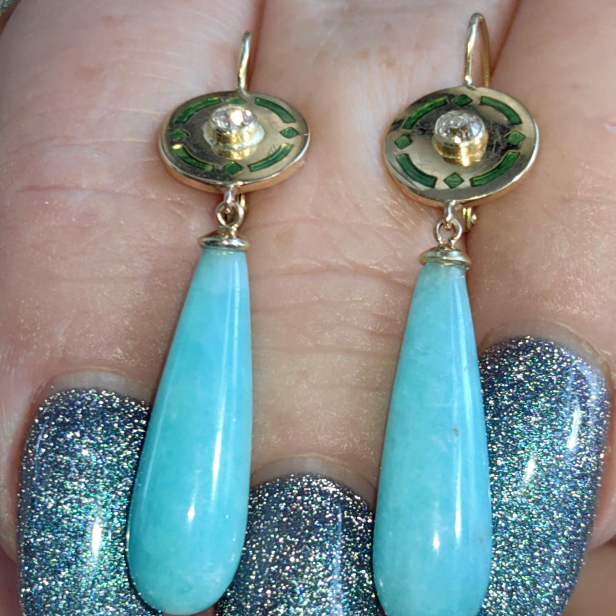 Antique 1900s Art Nouveau Amazonite  and Diamond Solid 14K Yellow Gold Green Enamel Dangle Drop Statement Earrings Elegant Gift for Her