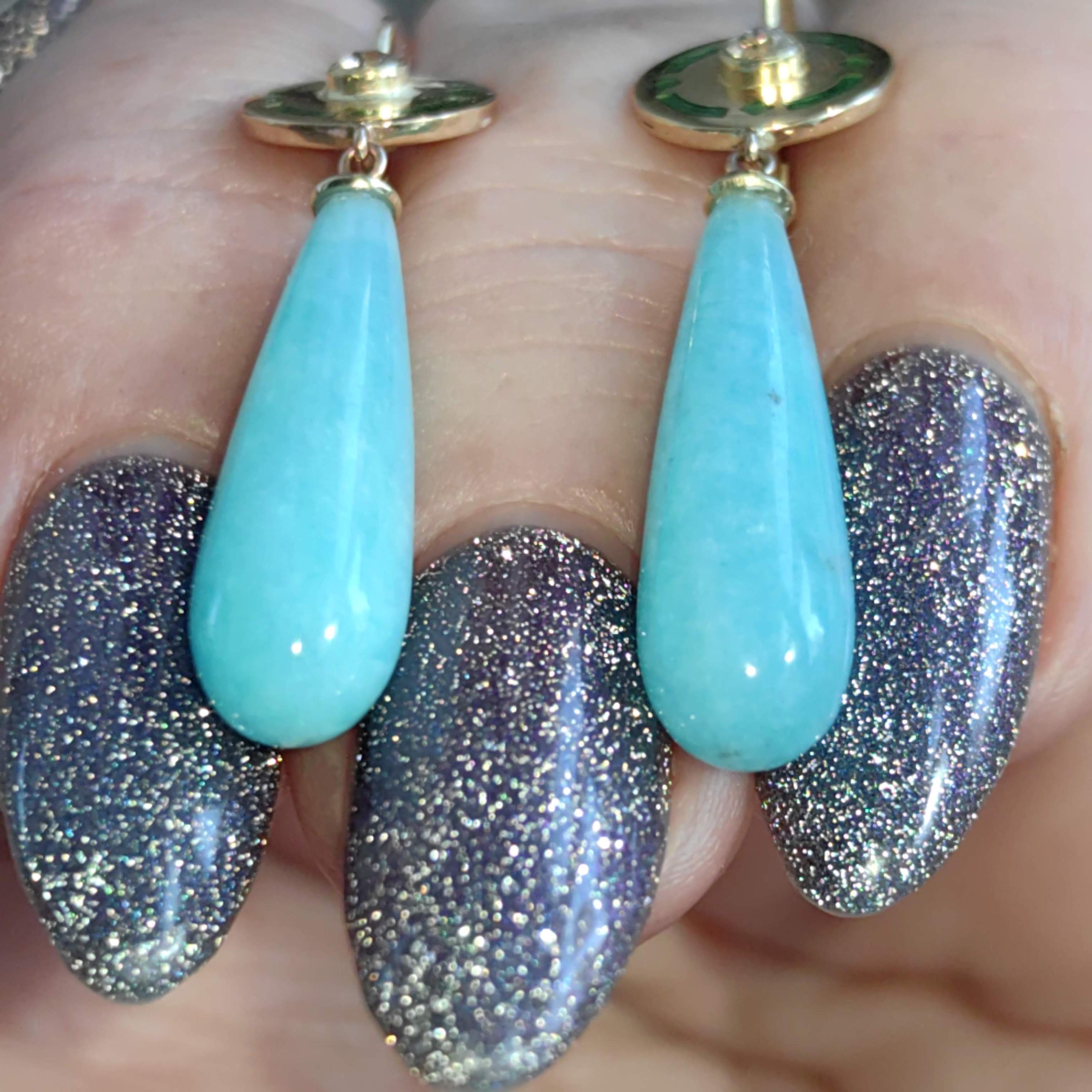Antique 1900s Art Nouveau Amazonite  and Diamond Solid 14K Yellow Gold Green Enamel Dangle Drop Statement Earrings Elegant Gift for Her