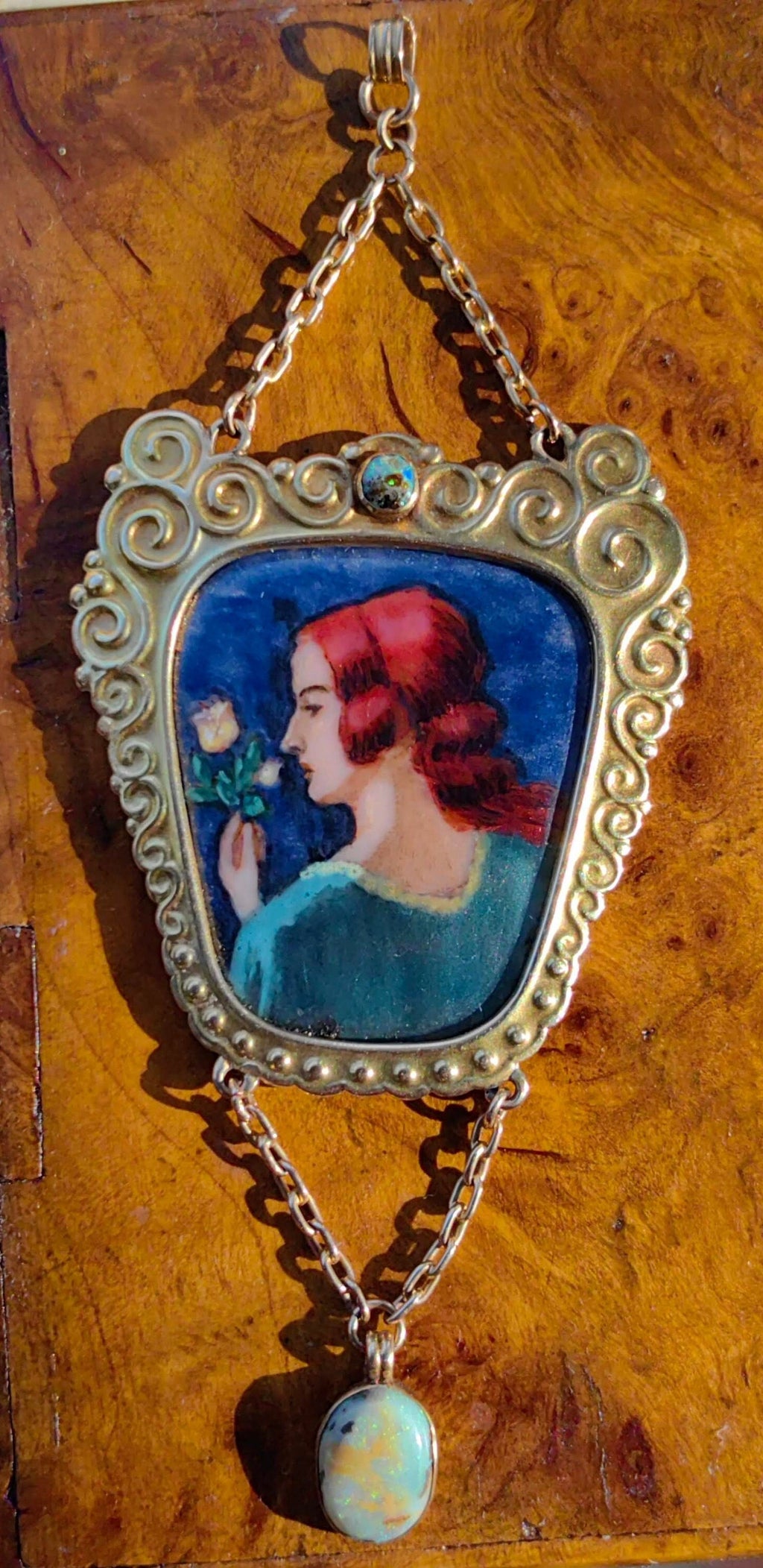 Art Nouveau Antique Vintage Gold Enamel Portrait Opal and Turquoise Pendant