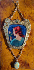 Art Nouveau Antique Vintage Gold Enamel Portrait Opal and Turquoise Pendant