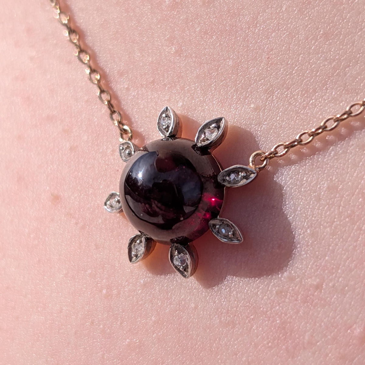 Victorian Garnet Necklace 14K Gold Floral Pendant Antique 1890s Handmade Red Cabochon Garnet Charm Vintage Necklace Gift for Her