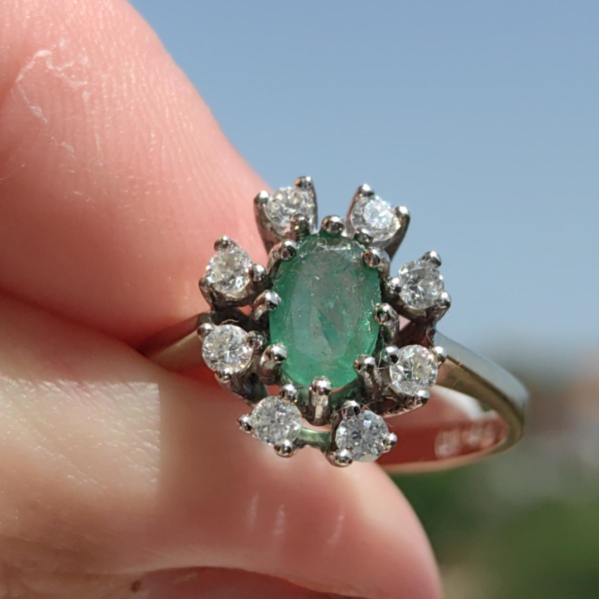 Vintage Emerald Diamond 14k Hallmarked Solid White Gold Elegant Dainty Mid-Century Engagement Ring Gift for Her Statement Ring