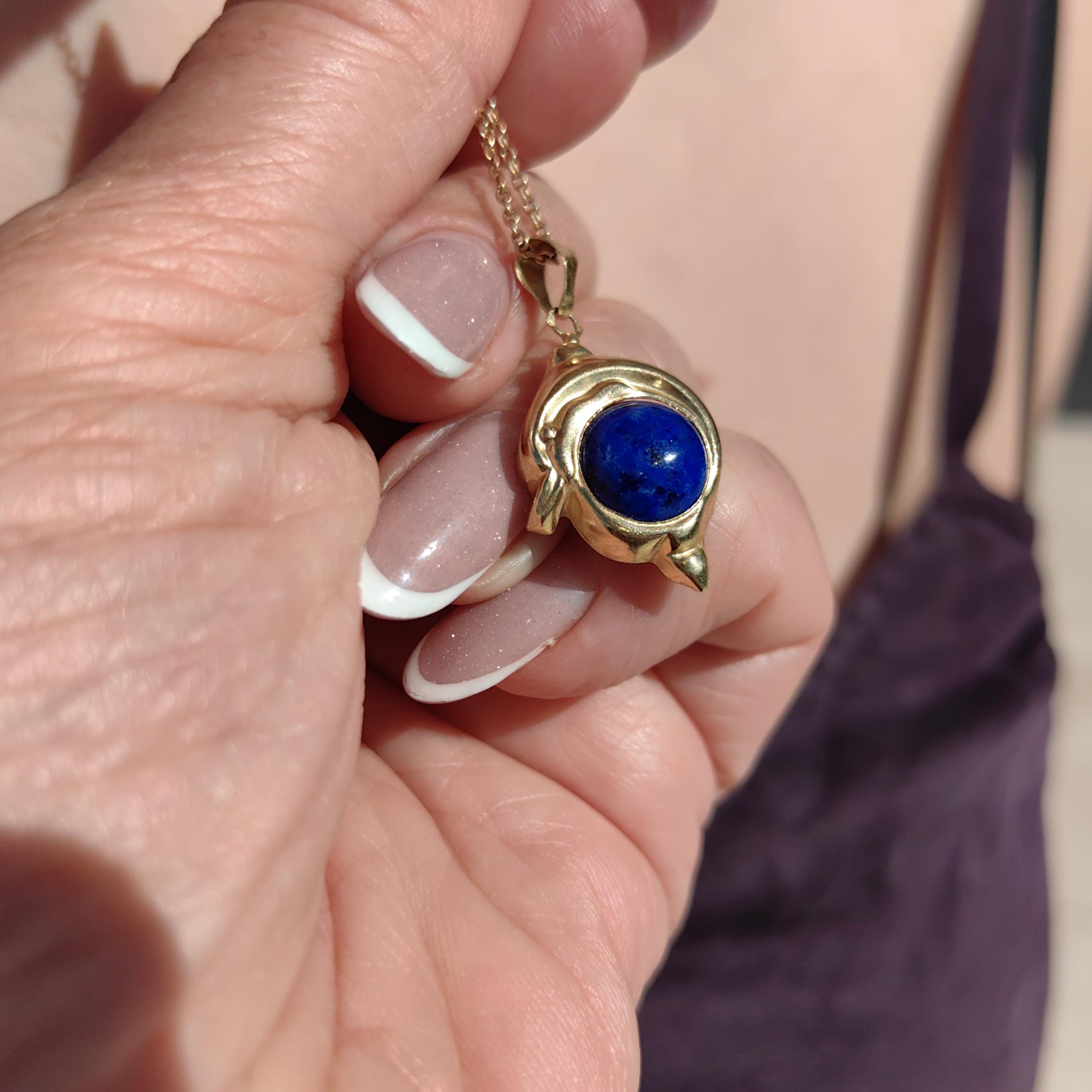 Lapis Lazuli Dolphin Pendant: 14k Yellow Gold Vintage Charm