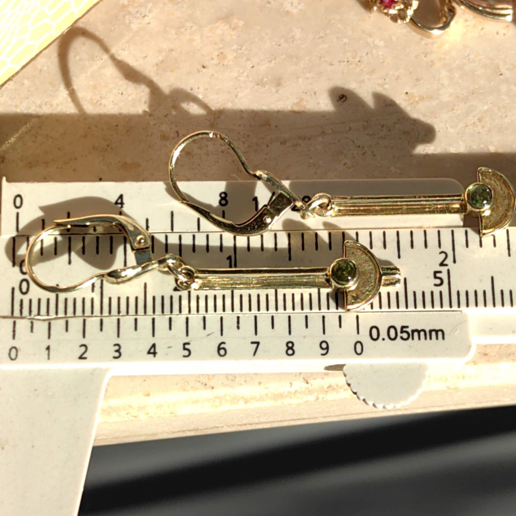Mid Century Antique Natural Green Peridot Solid 14k Yellow Gold Dangle Drop Long Statement Elegant Geometric Earrings Gift for Her