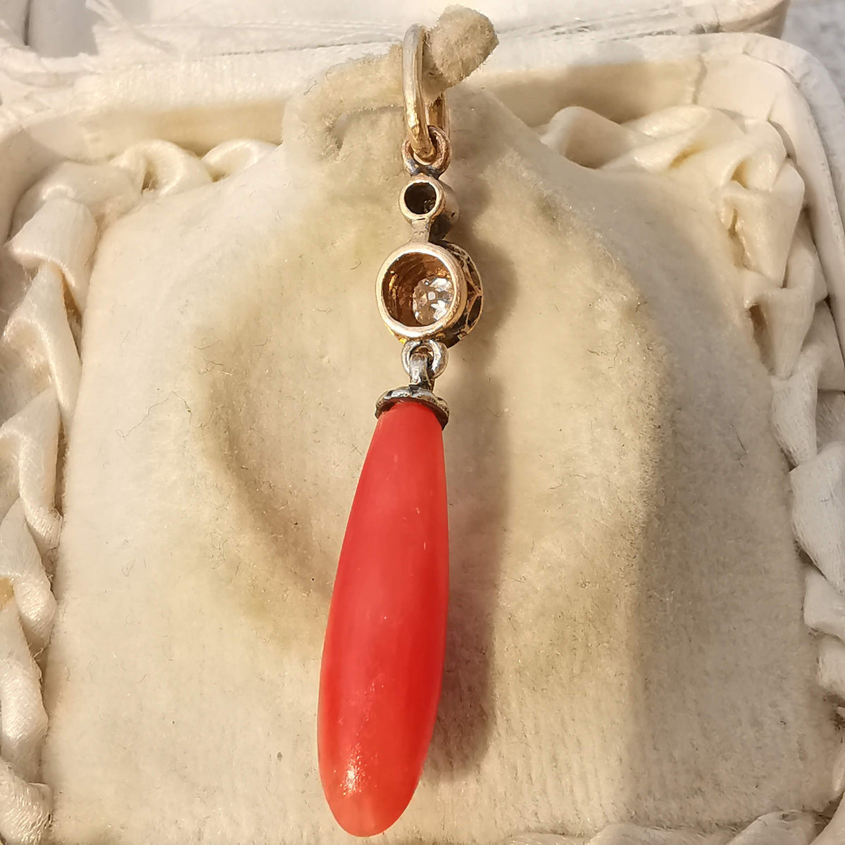Victorian Red Mediterranean Natural Coral Diamond Pendant 14k Solid Yellow Rose Gold & Silver Antique 1880s Drop Dangle Pendant Charm