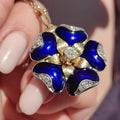 Victorian 1880s Natural Diamond & Blue Hand Painted Enamel Floral Flower Pendant 14k Solid Yellow Gold, Antique Vintage Charm