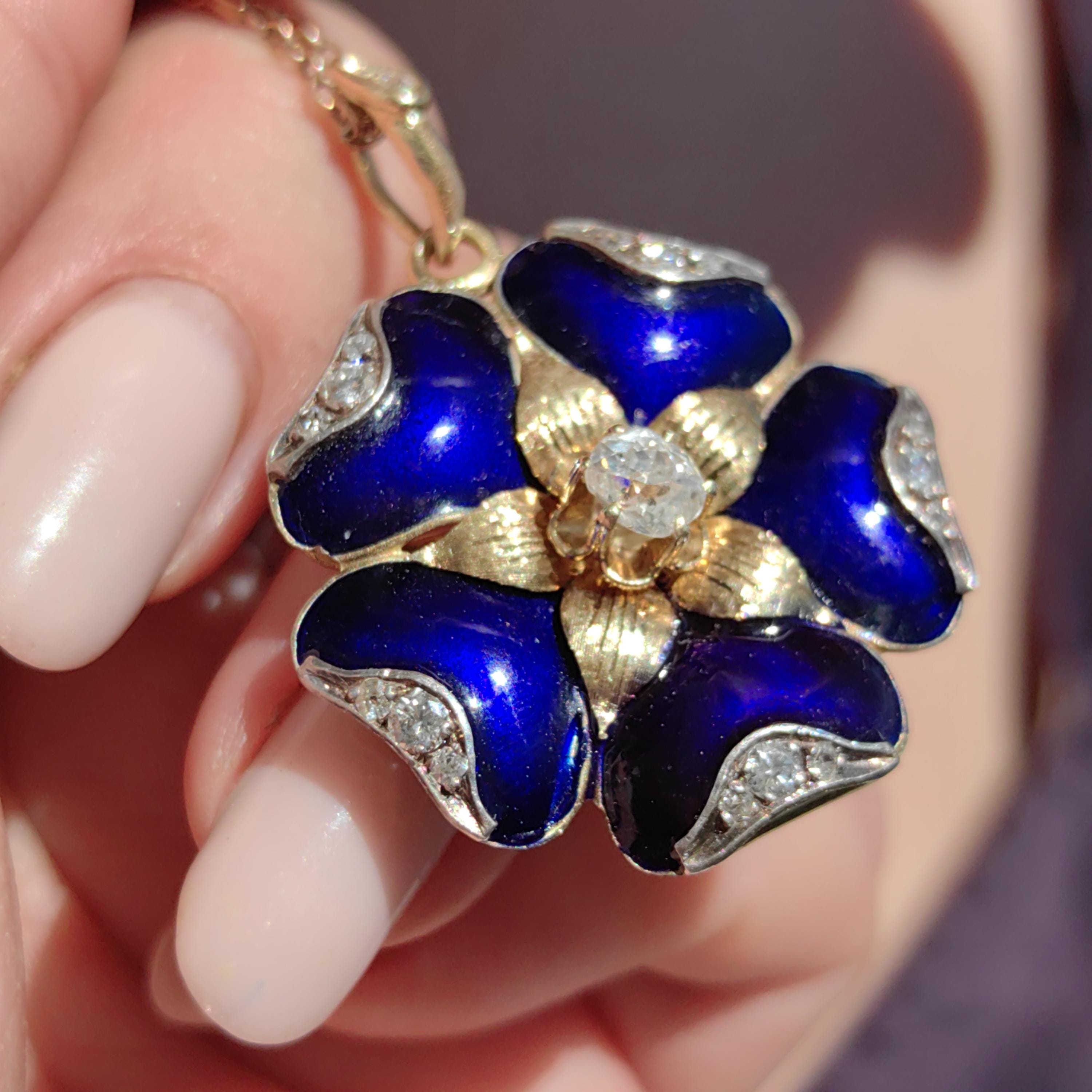 Victorian 1880s Natural Diamond & Blue Hand Painted Enamel Floral Flower Pendant 14k Solid Yellow Gold, Antique Vintage Charm