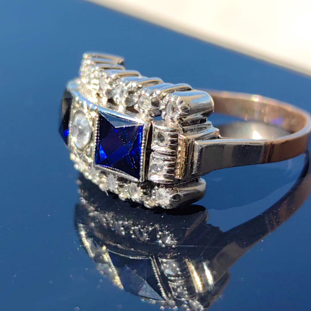 Art Deco 18k Gold Ring: Lab Sapphire & Diamond Chevalier Ring