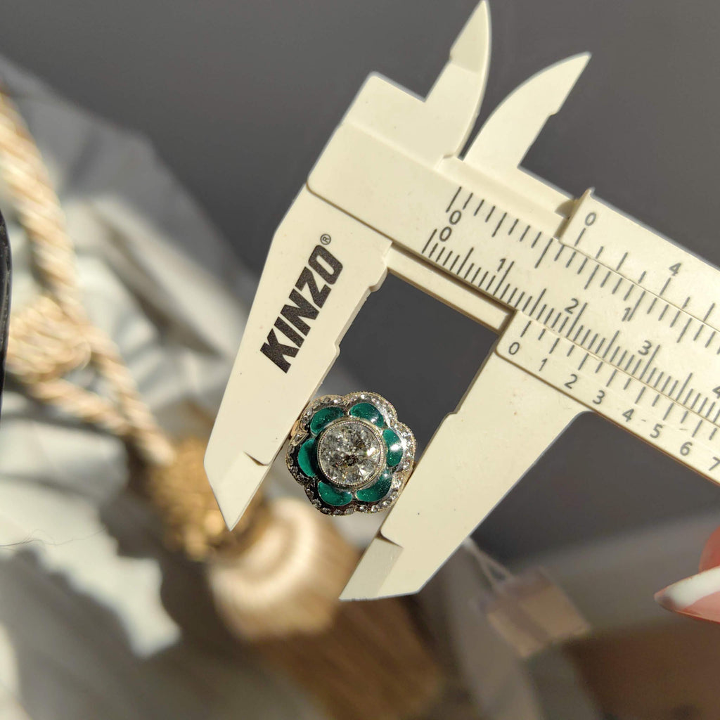Art Deco Diamond Enamel Ring: 2.15ct Old European Cut, 14k Yellow Gold