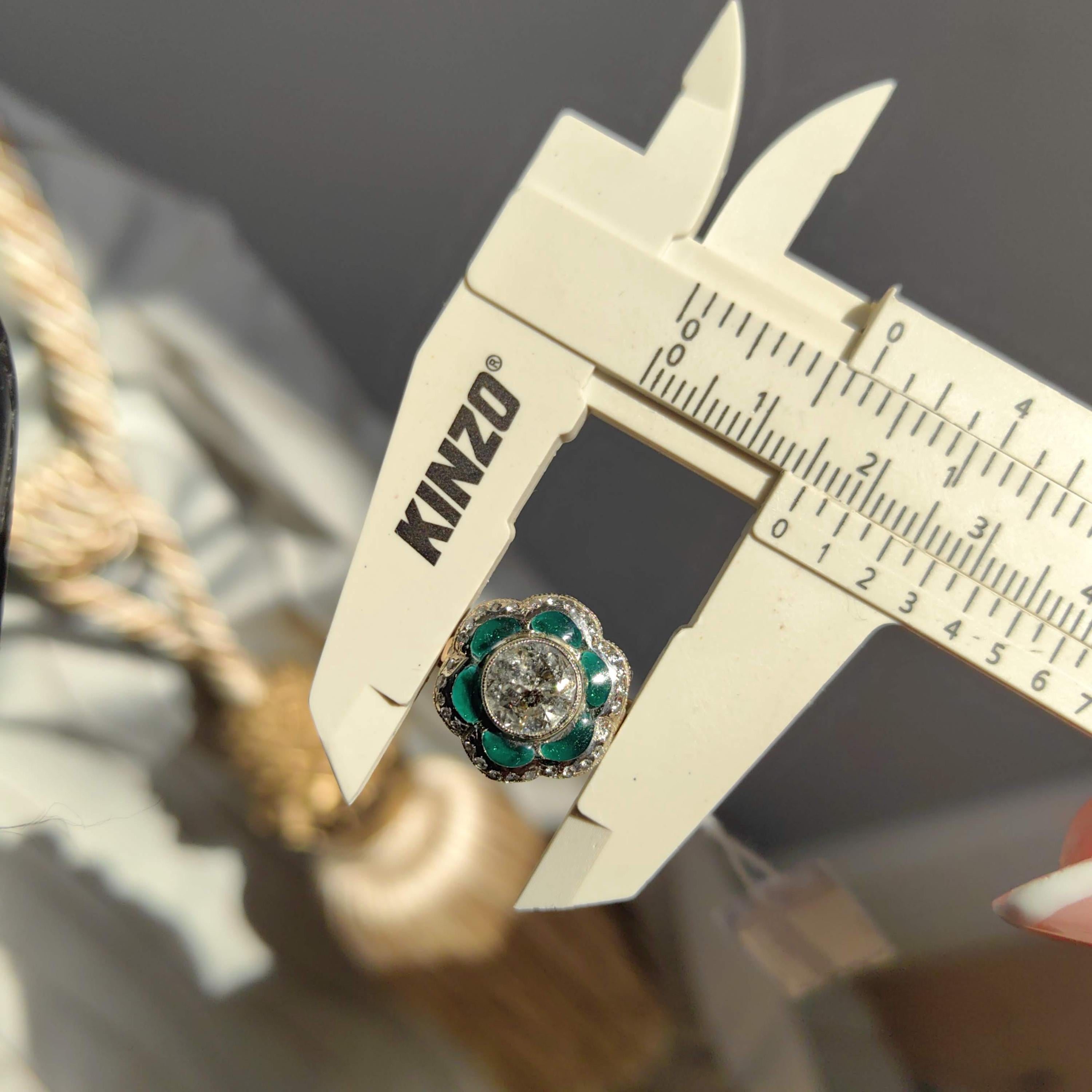 Art Deco Diamond Enamel Ring: 2.15ct Old European Cut, 14k Yellow Gold