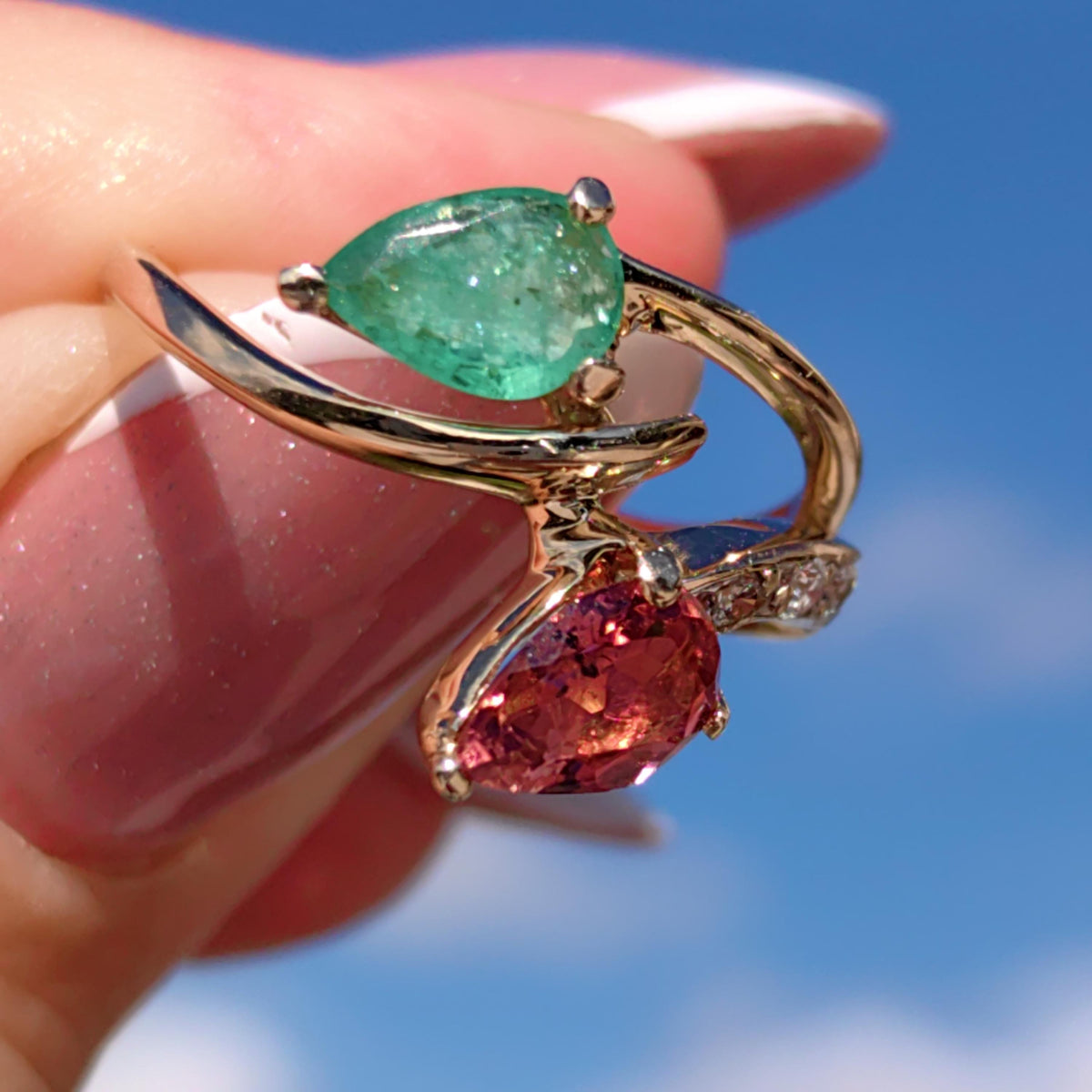 Vintage 14k Yellow Gold Tutti-Frutti Ring: Emerald, Tourmaline & Diamond Bypass