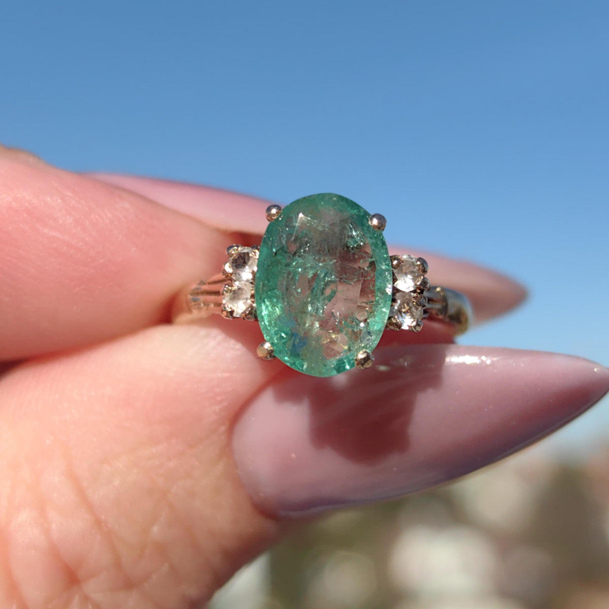 Vintage Mid Century Green Natural Emerald Oval Diamond Solid 14k Yellow Gold Antique Engagement Ring Dainty Stackable Band Gift for Her