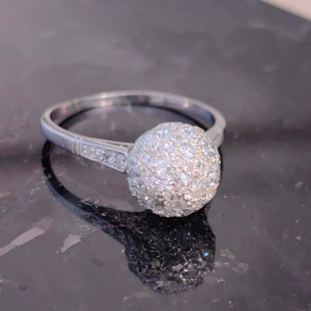 Art Deco Platinum Diamond Globe Ring: 1930s Antique Pavé Engagement